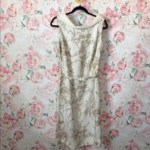 VTG 1950s Pat Nichols Inc MIAMI Cream Gold Shimmer Floral Sheath Dress Belted